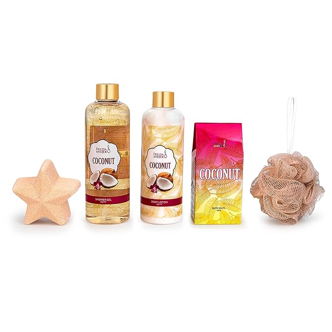 Freida & Joe Spa Bath and Body Gift Basket for Women- Coconut Bath shower, Coconut Scent Body Skincare Collection Gifts for Mom, Wife, Girlfriend