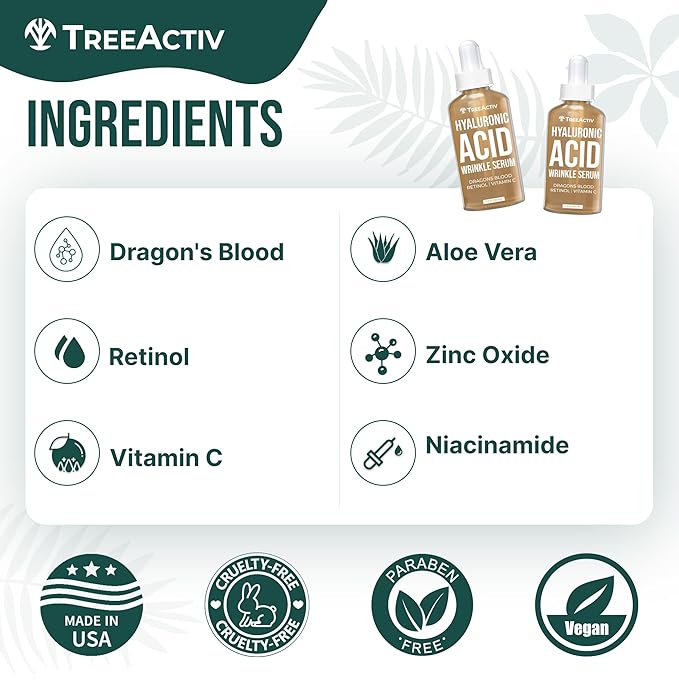 Hyaluronic Acid Wrinkle Serum, Vitamin C Serum for Face with Hyaluronic Acid, Retinol Serum for Face for Skin Elasticity, Fine Lines, and Dark Spots, Wrinkle Serum, 60-Day Supply TreeActiv