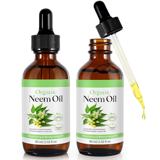 Neem Oil for Skin - 2 Pack, Pure Natural Cold Pressing, Free of Hexane, Nourishes the Skin and Hair, Reduces Fine Lines, 4.04 Oz