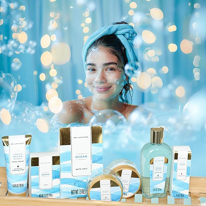 Spa Gift Basket for Women, Spa Luxetique Bath Gift Set - 12 Pcs Ocean Scented Home Bath Kit, Includes Bath Bombs, Body Scrub, Bubble Bath, Body Lotion & More, Spa Set for Women Gift