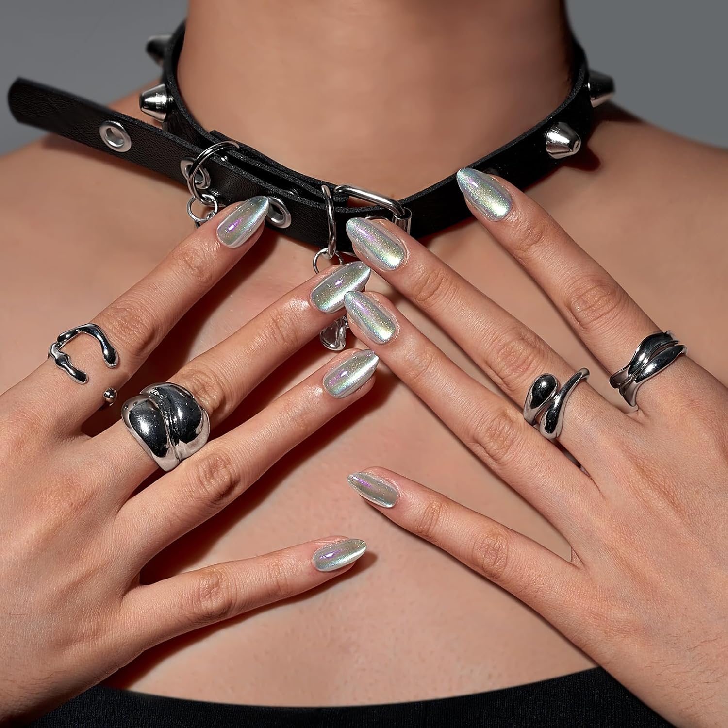 BTArtbox Press On Nails Short - Chrome Cat Eye Almond Press On Nails with Glue for Women, Opaque Soft Gel Glue On Nails in 16 Sizes - 32 Stick On Nails Kit, Chaos Chrome