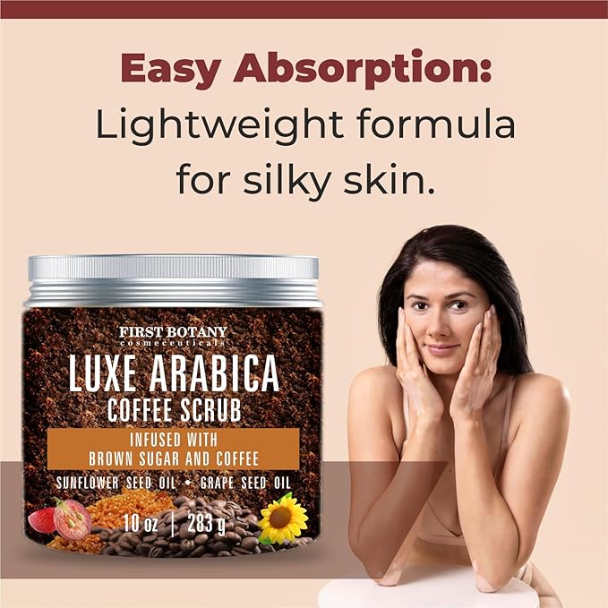 First Botany Body Scrub - Natural Exfoliating Sugar Scrub & Body and Face Souffle helps with Moisturizing Skin, Acne, Cellulite, Dead Skin Scars, Wrinkles (10 fl oz, Brown Sugar + Coffee)