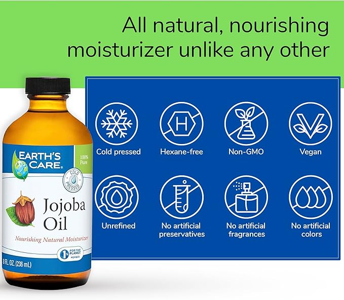 Earth’s Care Jojoba Oil - 100% Pure Jojoba Oil for Hair, Skin and Nails - Cold Pressed - Nourishing Natural Moisturizer - 8 FL OZ