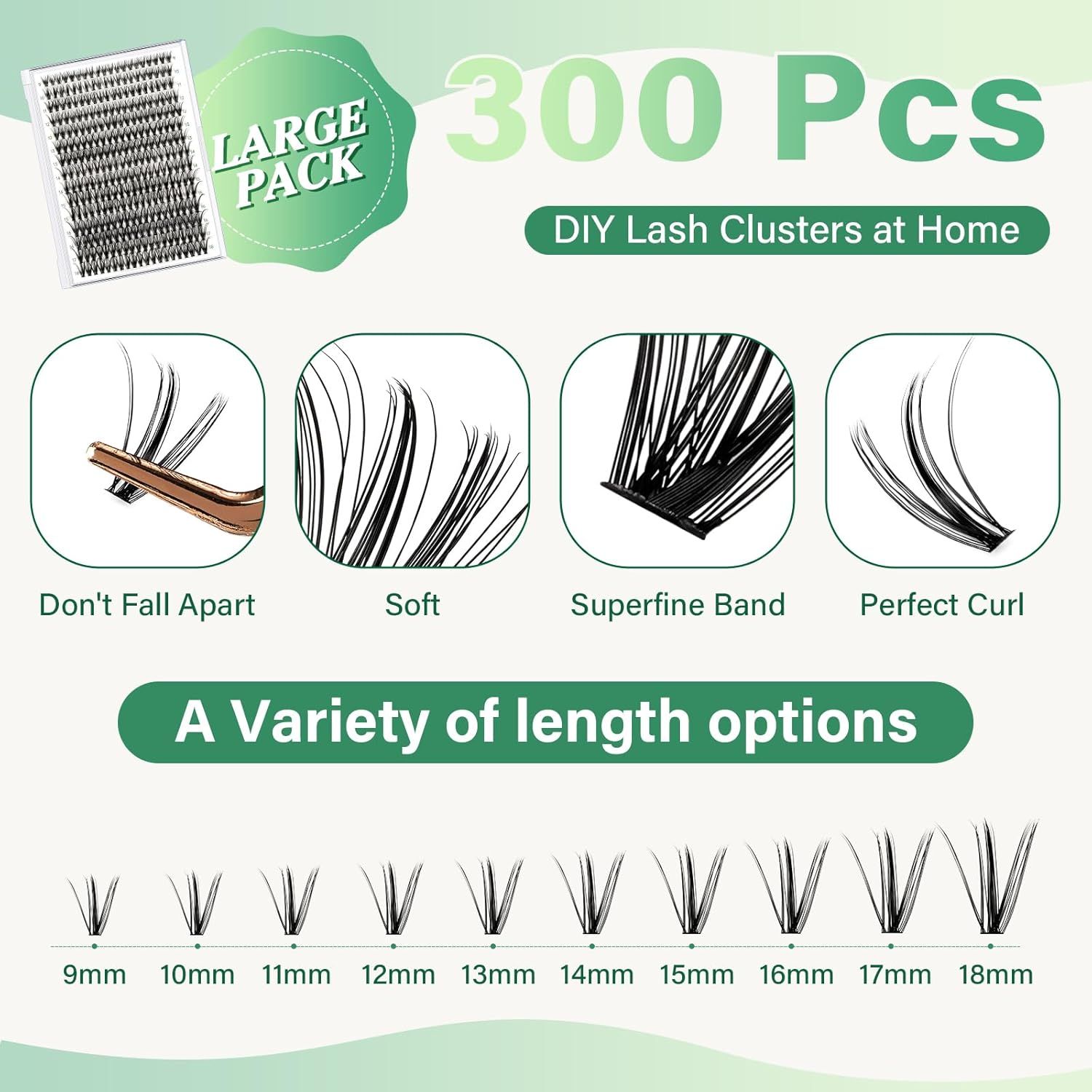 KEYYOU Lash Extension Kit DIY 300Pcs Lash Clusters Eyelash Extension Kit 30D C Curl 9-18MIX Lash Clusters Kit with Lash Glue Remover Applicator Easy to Use for Beginners(Kit,30D-C,9-18MIX)