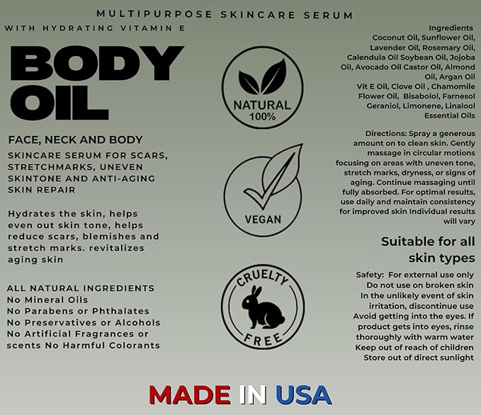 BODY OIL -Moisturizing Face, Neck and Body Skincare Serum for Scars, Stretchmarks, Uneven Skin Tone and Anti-Aging Skin Repair. All Natural 4oz Spray