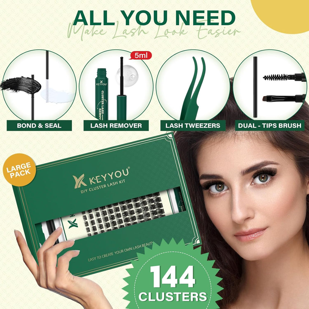 DIY Lash Extension Kit KEYYOU 144pcs Lash Clusters Eyelash Extension Kit with Mascara Brush Bond and Seal Lash Remover Lash Applicators Lash Brush for DIY Lash Extensions (Y12 Kit)