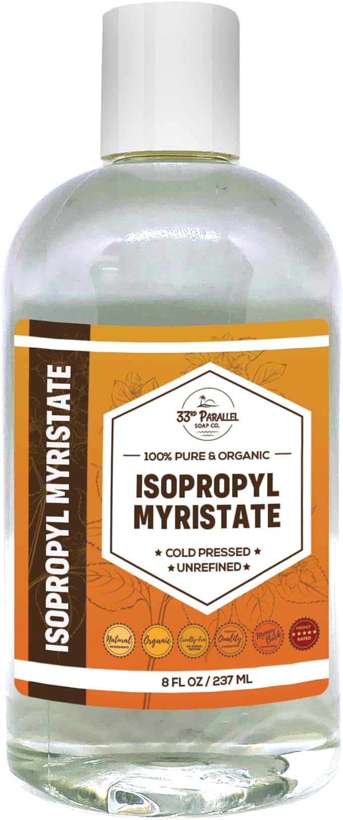 ISOPROPYL MYRISTATE (8 oz) Natural Plant Derived Cosmetic Grade IPM for Soap Making, Fragrances, Shampoo, Creams & Lotion, Makeup & Adhesive Remover, Antiperspirants & Deodorants | 8 Ounces