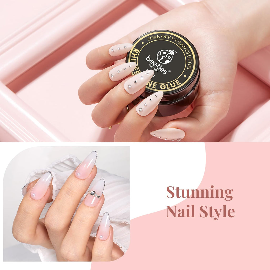 Beetles Rhinestone Glue for Nails with 2 Dual Purpose Brush Pen, 1Pcs 15ml Nail Glue for Nail Art Adhesive Resin Gems Diamonds Jewelry Decoration Soak Off Led Lamp Fall Nails Gifts for Women