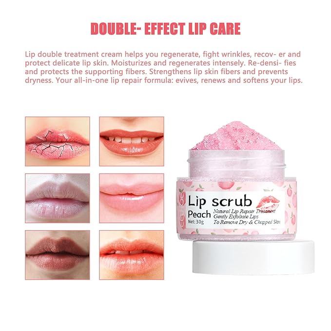 Lip Scrub, Lip Scrubs Exfoliator and Moisturizer with Lip Brush, Natural Gentle Lip Treatment, Peach Sugar Lip Scrub for Dry, Cracked and Dark Lips