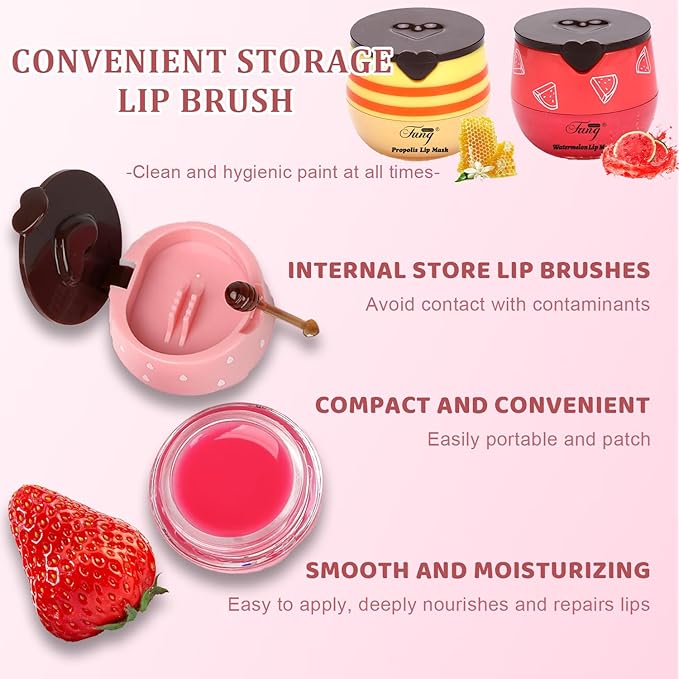 3 Pcs Honey Lip Balm, Bee Lip Balm Honey Pot,Moisturizing Lip Mask Overnight,Hydrate Repair Prevent Dry Cracked Lip Care (Honey+Strawberry+Watermelon)