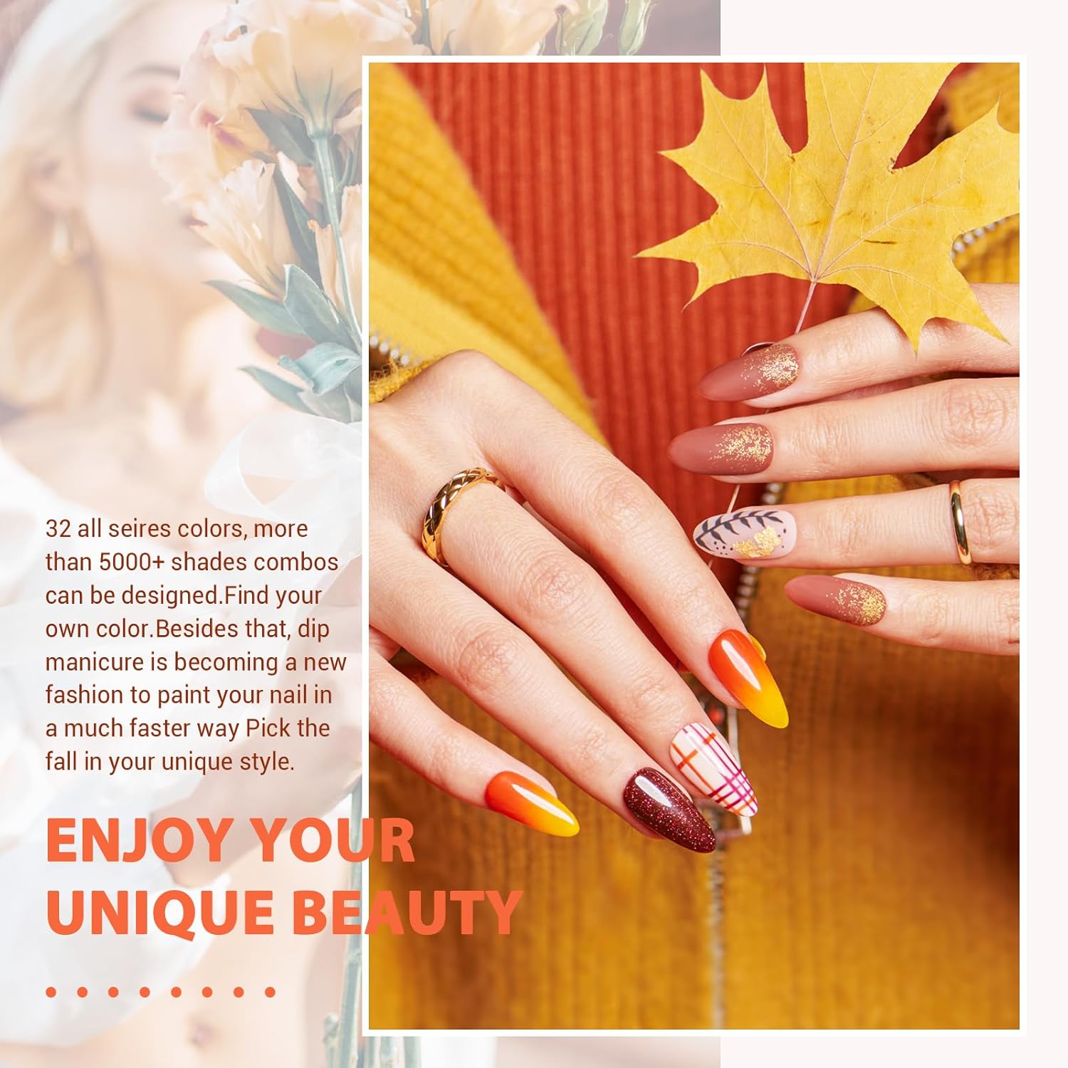 AZUREBEAUTY 42Pcs Dip Powder Nail Kit Starter, 32 Colors Fall Set Green Nude Brown Blue Dipping Powder Set with Top/Base Coat & Recycling Tray for French Art Manicure Salon