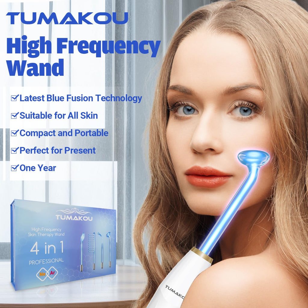 High Frequency Facial Device - TUMAKOU Blue High Frequency Facial Wand - Portable High Frequency Machine with 4 Fusion Neon + Argon Wands