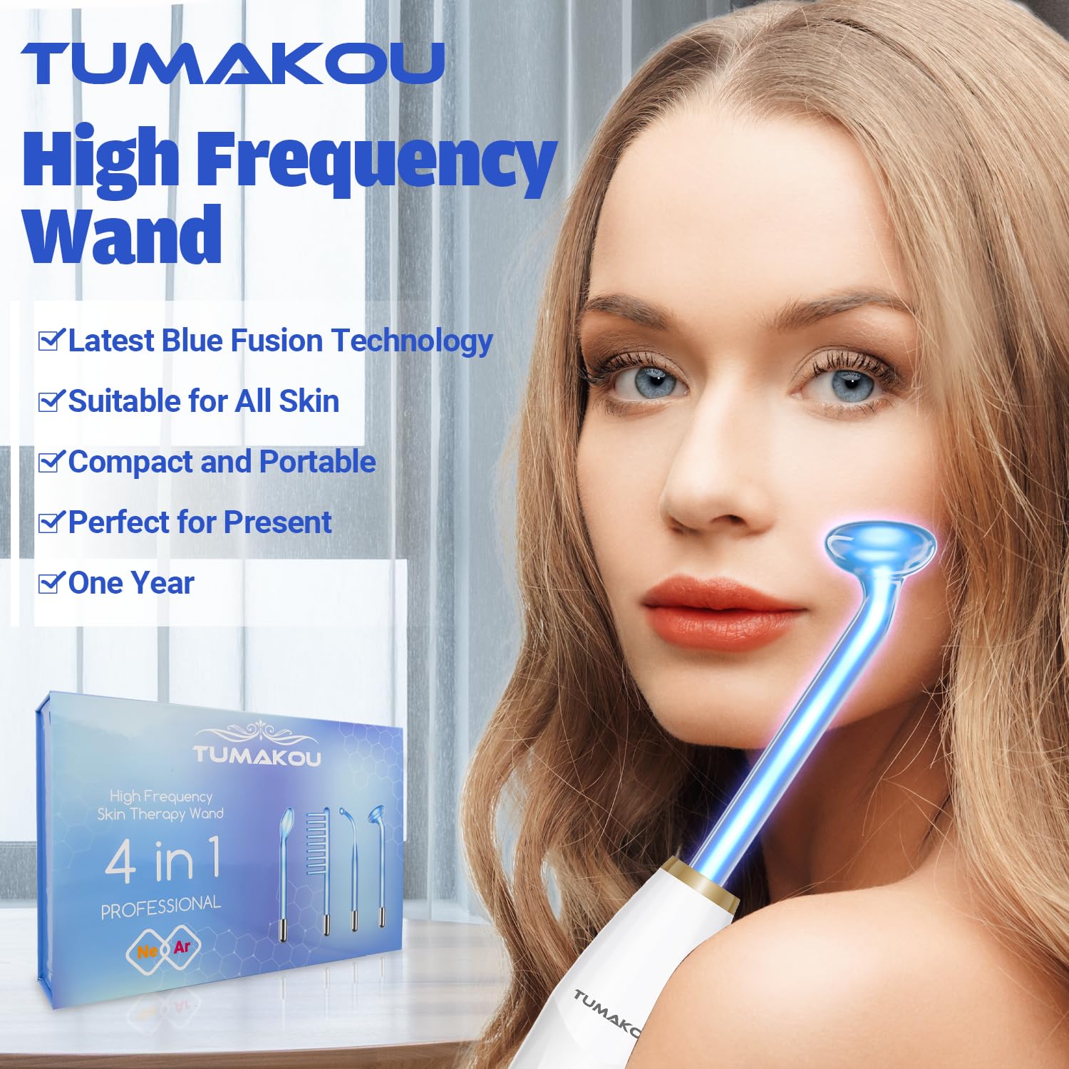 High Frequency Facial Device - TUMAKOU Blue High Frequency Facial Wand - Portable High Frequency Machine with 4 Fusion Neon + Argon Wands