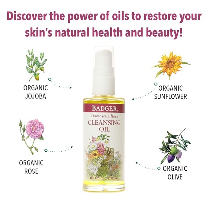 Badger Rose Face Cleansing Oil, Organic Facial Cleanser & Makeup Remover, Non-Greasy Moisturizing Skin Balancing Gentle Face Cleanser w/Pure Rose Oil, 2 fl oz Glass Bottle