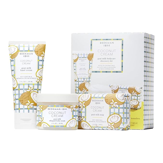Beekman 1802 Coconut Cream Goat Milk Bodycare Discovery Kit - 3 Pieces - Scented - Cleanses, Nourishes & Hydrates - With Lactic Acid & Shea Butter - Microbiome Friendly - Good for Sensitive Skin