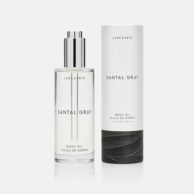 Lake & Skye Santal Gray Body Oil, 3.4 fl oz (100 ml), Hydrating with Vitamin E & Sweet Almond Oil - Woody Scent
