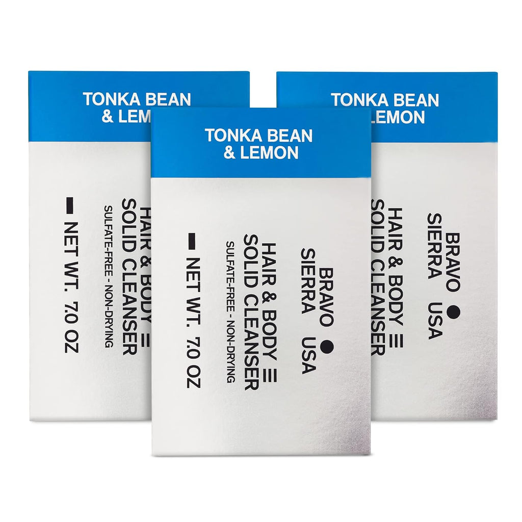 Bravo Sierra Tonka Bean & Lemon Body Bar, 3-Pack - All-In-One Multifunctional Cleanser with Coconut, Shea Butter & Oat Flour for Face, Hair, Body & Healthy Hair, 7 oz