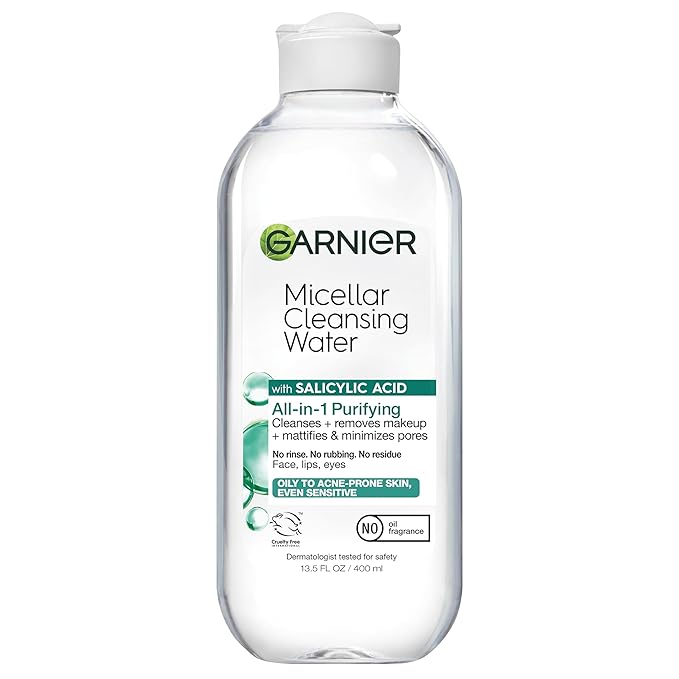 Garnier Micellar Water with Salicylic Acid, All-in-1 Mattifying Facial Cleanser and Makeup Remover for Oily and Acne Prone Skin, 13.5 Fl Oz