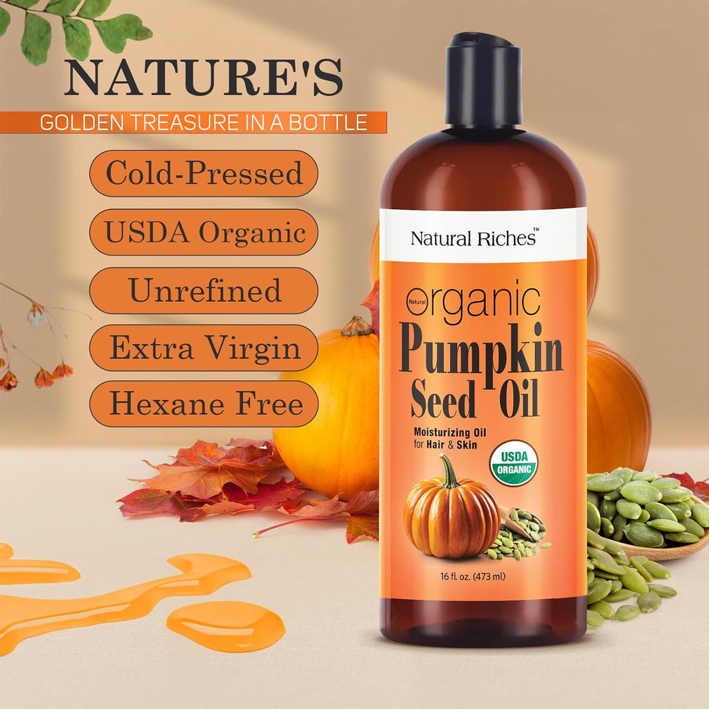 Natural Riches Pumpkin Seed Oil USDA Certified Organic Moisturizer 16oz Pure and Natural Carrier Oil Unrefined, Cold Pressed, Face, Hair, Body & Skin Care Eyelashes,