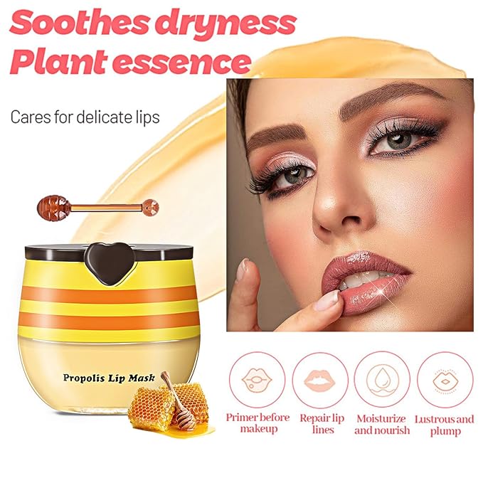 Bee Lip Balm Honey Pot, 4pcs Propolis Lip Mask Overnight Moisturizing Fruity Lip Balm with Stick, Hydrating Prevention Dry and Cracked Lip Scrubs Exfoliator Lip Care, Sleeping Lip Mask Hydrating(B#)