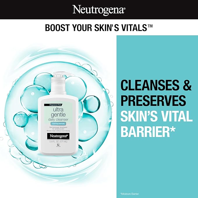 Neutrogena Fragrance Free Ultra Gentle Foaming Daily Cleanser, Hydrating Face Wash for Sensitive Skin, Removes Makeup & Gently Cleanses Without Over Drying, Hypoallergenic, 5.8 fl. oz