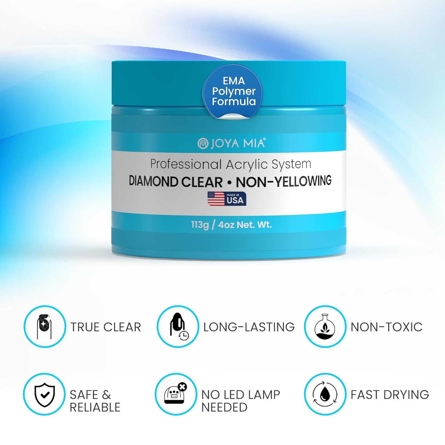 Joya Mia Acrylic Powder for Nails, MMA-Free, Super Adhesion Professional Powder for Flawless & Long-Lasting Nail Enhancements, Easy Application, Vibrant & Stunning Colors - Diamond Clear, 4 oz