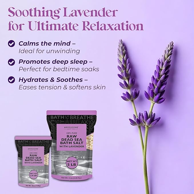 Aromasong RAW Dead Sea Salt with 100% Natural Lavender, 2.43 Lb, Not Cleaned, Still Contains All Dead Sea Minerals Including Dead Sea Mud, Fine Medium Grain Resealable Bulk Pack. (Packaging May Vary)