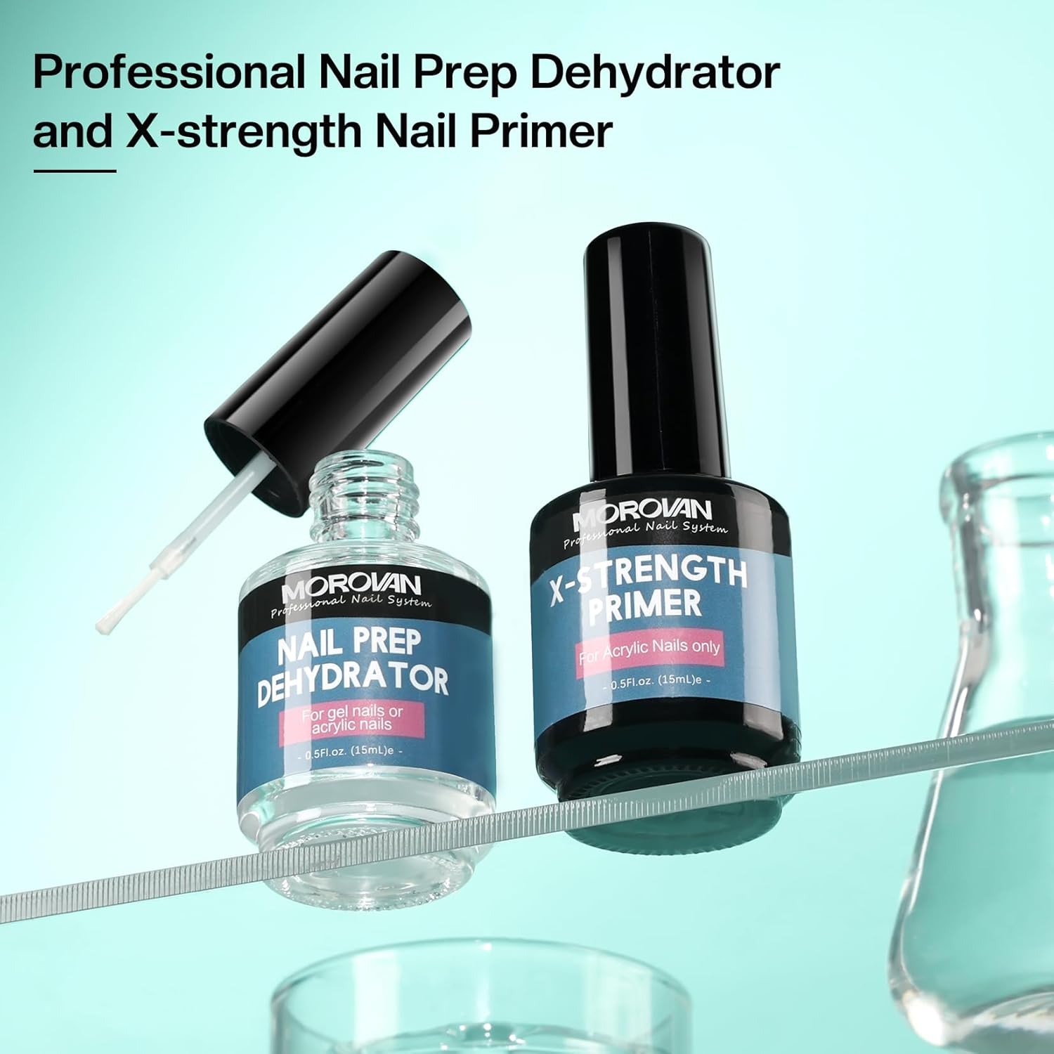 Morovan Nail Prep Dehydrate and Primer X-strength, No Burn Non Acid Nail Primer and Dehydrator for Acrylic Powder Fast Dry 0.5oz