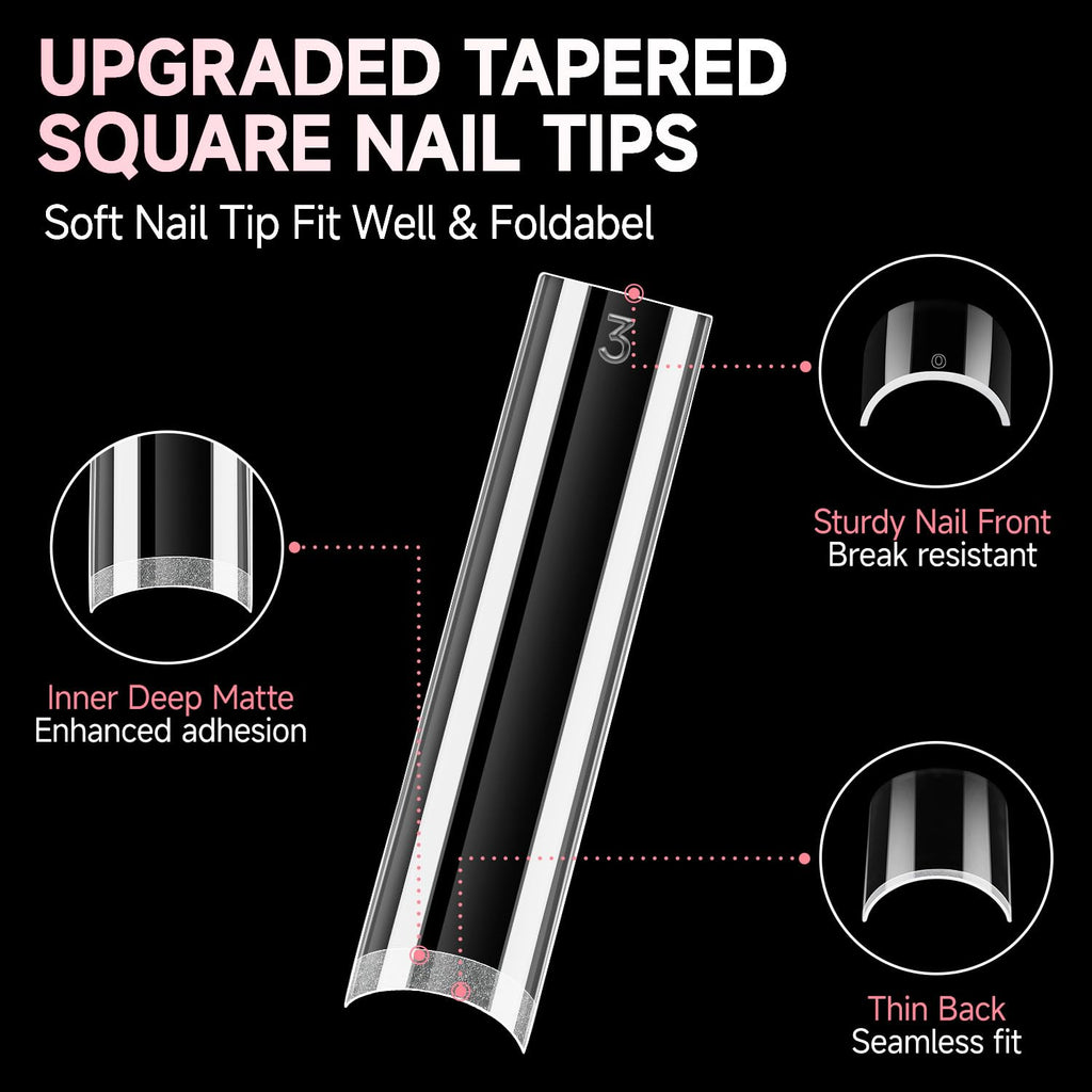 UNA GELLA No C Curve Nail Tips 504 PCS Extra Long XXL Tapered Square Nail Tips Half Cover Nails tips Straight Shape For French Acrylic Nails False Fake Clear Tips Square Shape with Box
