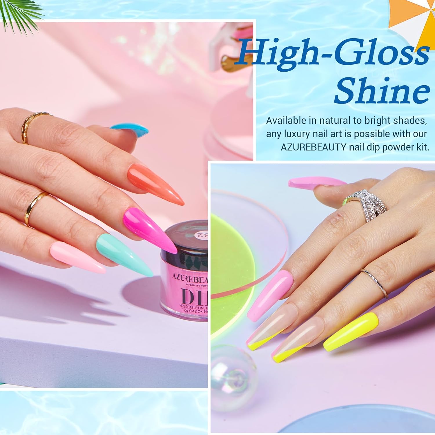 AZUREBEAUTY 42Pcs Dip Powder Nail Kit Starter - Going Summer, 32 Colors Blue Lilac Purple Pink Green Acrylic Nail Dipping Powder Set with Top/Base Coat Activator &Tray for French Art Manicure DIY Home