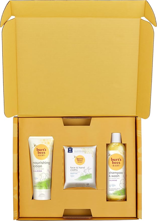 Burt's Bees Baby Gift Set for Baby Showers, Includes Baby Essentials, Shampoo and Wash with Lavender, Body Lotion, Wipes and Cloths, Naturally-Derived Origin Skincare, 3 Count