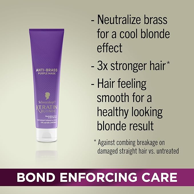 Schwarzkopf Keratin Blonde Anti Brass Purple Mask, 1 Application - Hair Dye Treatment Neutralizes Brassiness and Yellow Undertones, Hair Mask Strengthens Hair, Making it 3x Stronger