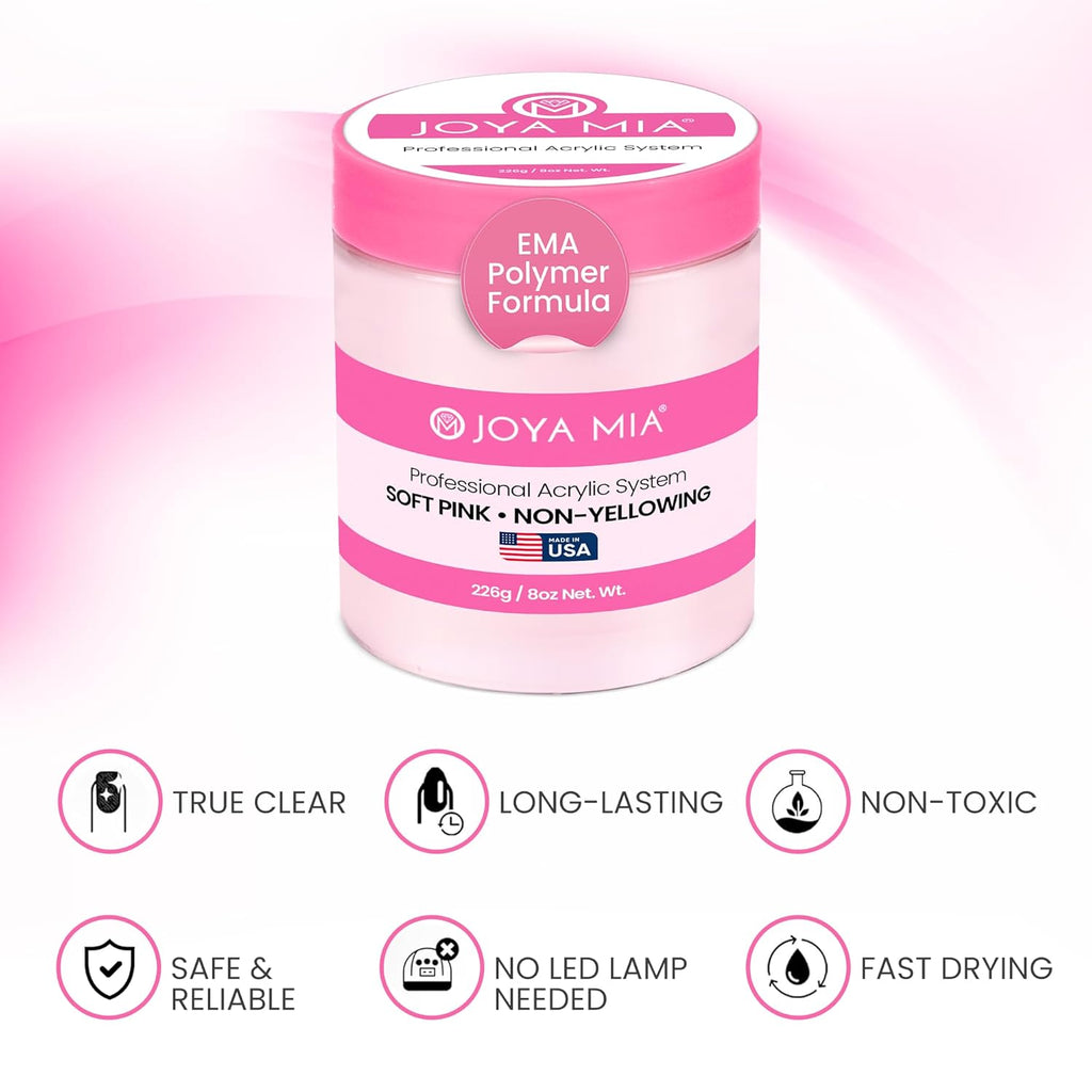 Joya Mia Acrylic Powder for Nails, MMA-Free, Super Adhesion Professional Powder for Flawless & Long-Lasting Nail Enhancements, Easy Application, Vibrant & Stunning Colors - Soft Pink, 8 oz