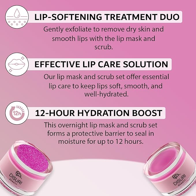 Lip Mask and Lip Scrub Set - Moisturizing Lip Scrub for Exfoliating and Smoothing Lips, Cruelty-free - Improves Texture, Hydrates, and Softens Chapped, Dark Lips Skin - (Grape)