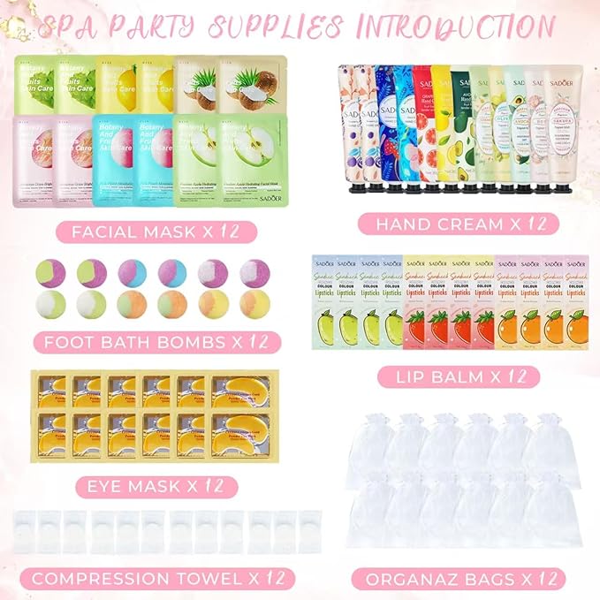 84 Piece Girls Spa Party Supplies Set, Face Masks, Hand Creams, Eye Patches, Bath Bombs, Lip Balms, 12 Person Kit