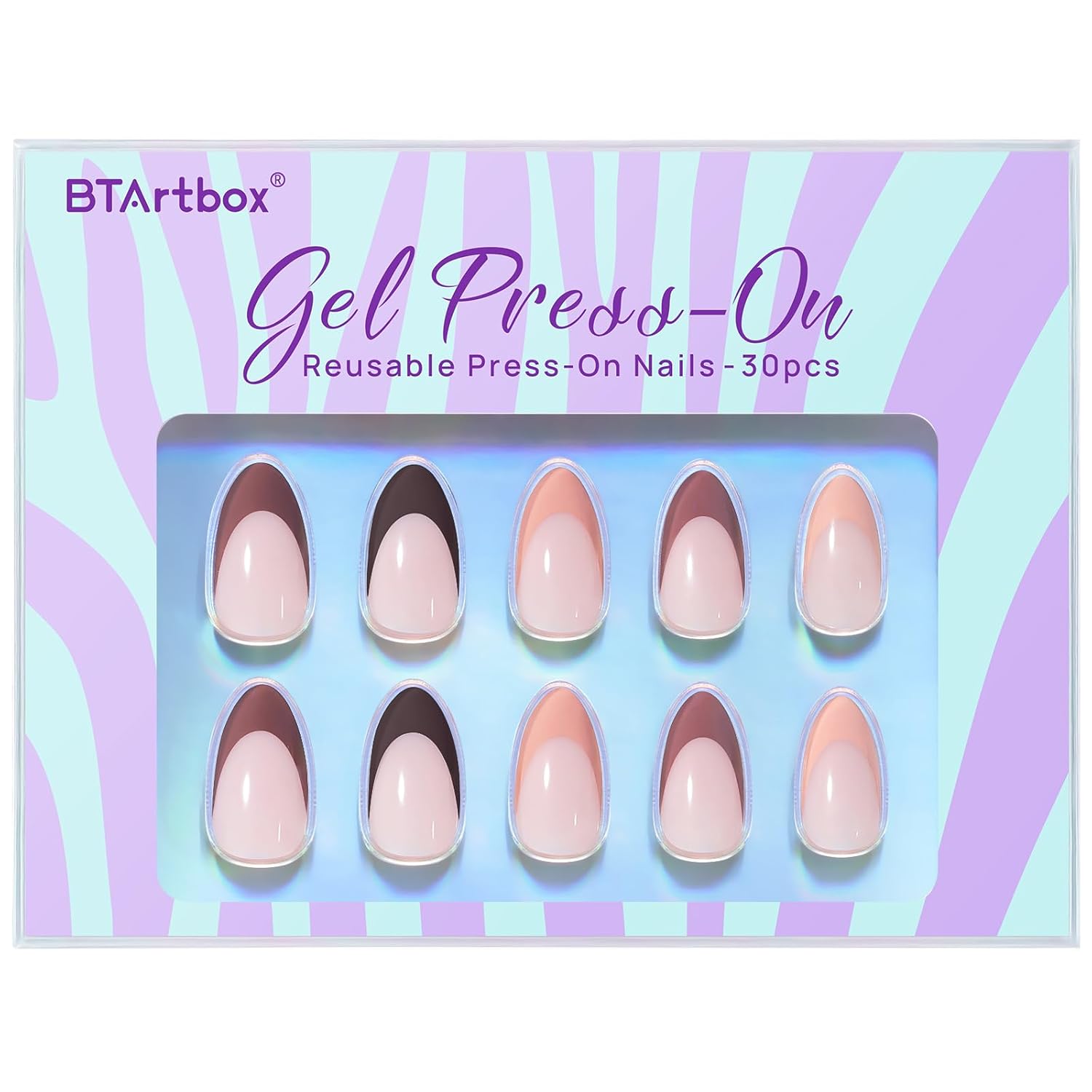 BTArtbox French Tip Press On Nails, Short Almond Supremely Fit & Natural Glue On Nails with Nail Glue, Reusable Stick On Nails in 16 Sizes - 30 Soft Gel Fake Nails Kit, Morning Coffee