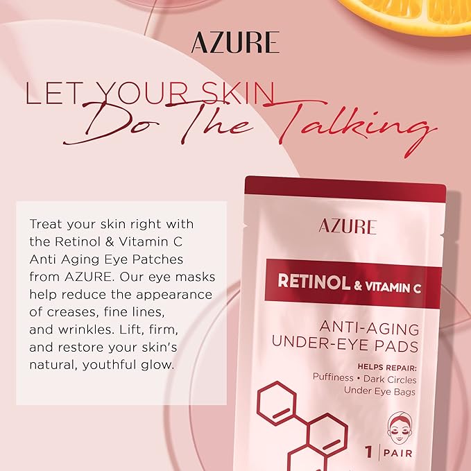 Azure Cosmetics Retinol & Vitamin C Anti Aging Under Eye Pads - Hydrating & Refreshing Eye Mask Patches - Reduces Fine Lines, Wrinkles, Dark Circles & Puffiness - Skin Care Made in Korea - 5 Pairs