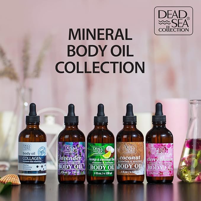 Dead Sea Collection Body Oil for Dry Skin - Collagen & Vitamin E, A, D Moisturizing Oil Pack of 2 (4 Fl.Oz Each) Body Oil - Coconut & Vitamin E, A, D Pack of 2 (4 Fl.Oz Each)