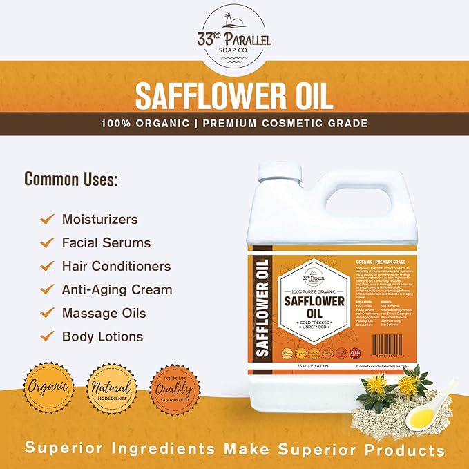 ORGANIC SAFFLOWER OIL (32 oz) Premium Cold Pressed Unrefined | 100% Pure Safflower Oil for Skin, Face, Hair, Soap Making | Carrier for Essential Oils | Available in Bulk | 32 FL OZ