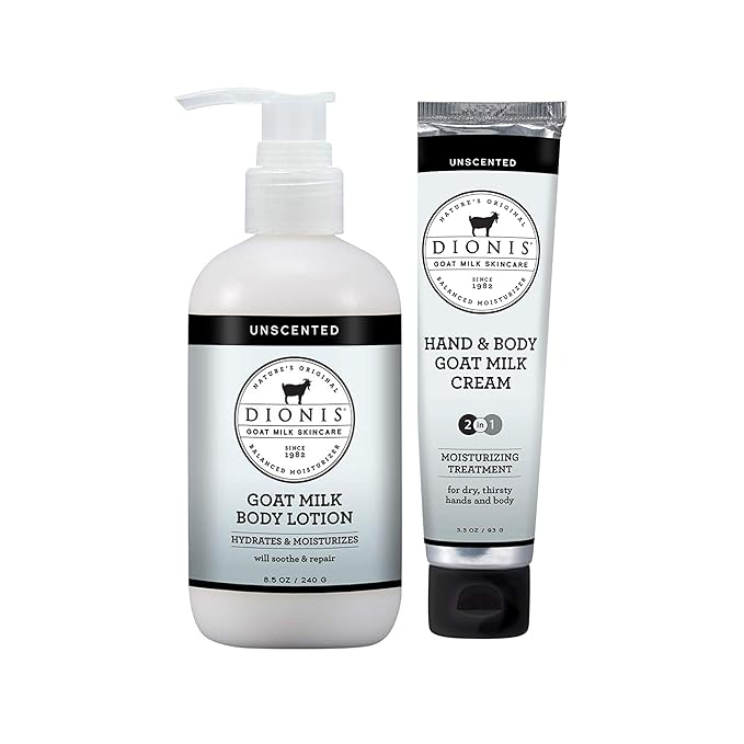 Dionis Goat Milk Skincare Unscented 8.5oz Hydrating Body Lotion & 3.3oz Hand & Body Nourishing Travel Size Cream Fragrance Free Bundle, Natural Ingredients, Made in the USA, Cruelty Free, Paraben Free