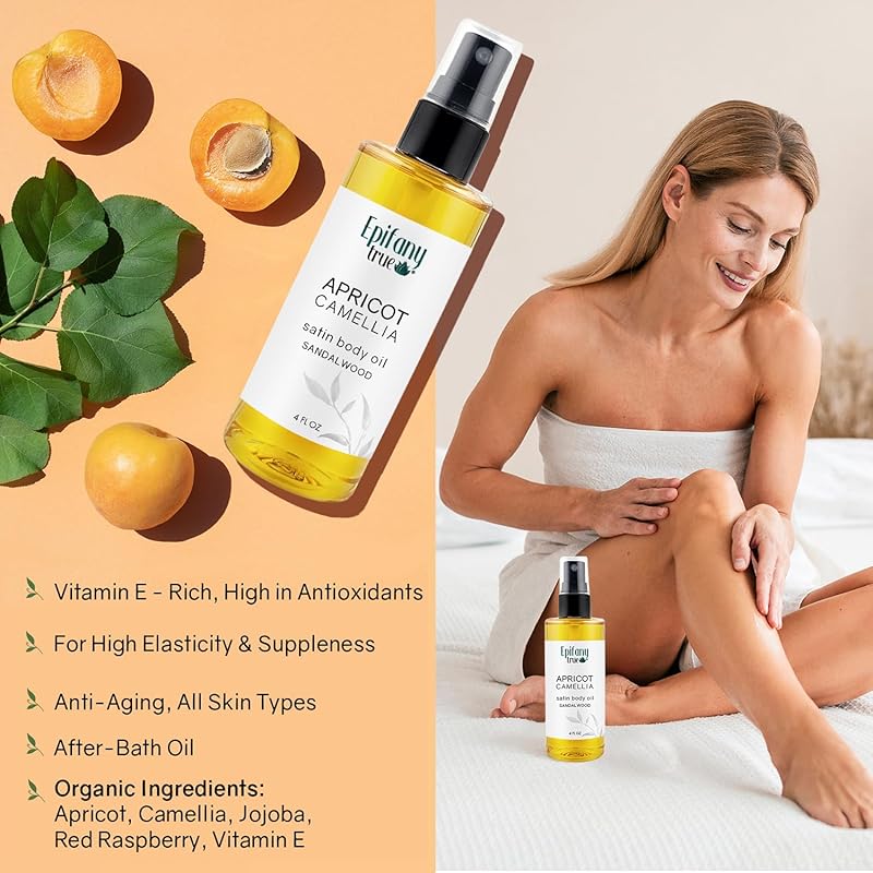 Apricot & Camellia Body Oil 4oz Wellness Self-Care Gift Set, 4 Pieces, Natural, Scented Coconut Soy Candle 4oz, Calendula Lip Balm 0.15 oz, Just Breathe Essential Oil Roll-On 0.33oz
