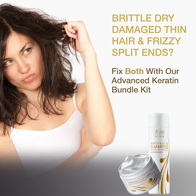 Vitamins Keratin Hair Treatment Kit - Deep Conditioner Mask and Protein Shampoo for Fine, Dry, Damaged, Color-Treated Hair