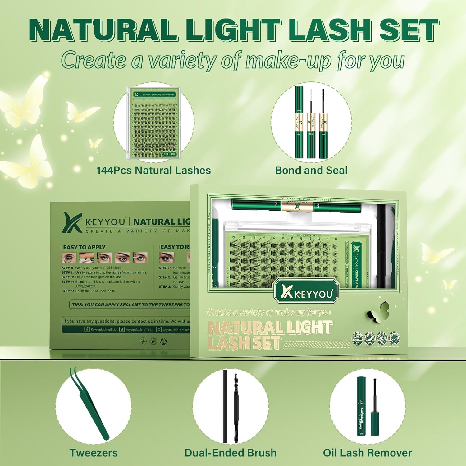 Natural Lash Clusters Kit 144Pcs DIY Lash Extension Kit Wispy Eyelash Extensions Kit D Curl 8-18MIX with Bond and Seal and tweezers with Thin Lash Band by KEYYOU（KIT-N04-D-8-18MIX）