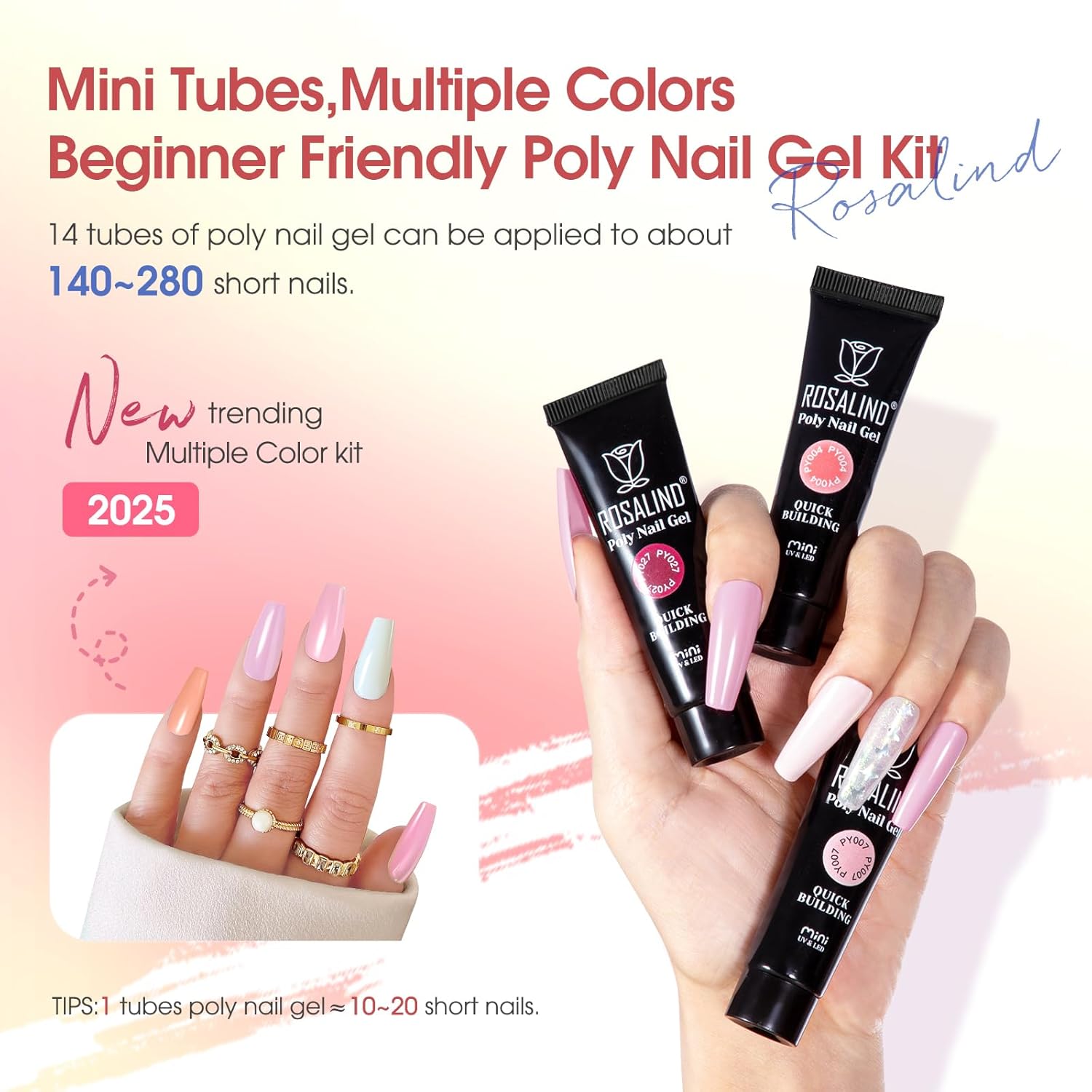 Poly Nail Gel Starter Kit -14 Colors + 75 Nails Art Accessories Kits, ROSALIND Nue Clear Poly Extension Gel with Big UV Light 48W and Electric Nail Drill Starter Kit with Everything