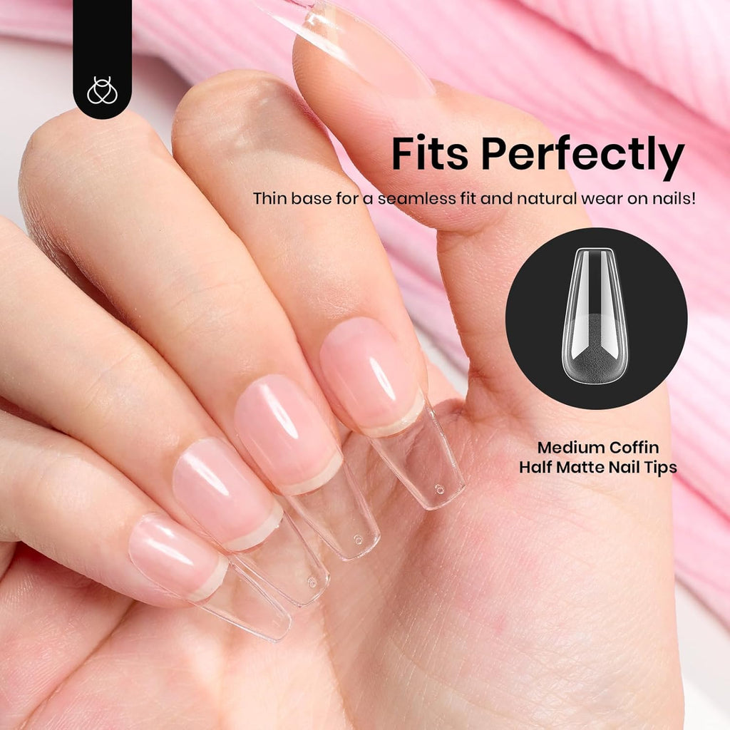 Beetles Gel Nail Tips Medium Coffin 576PCS Etch X Nail Tips, 12 Sizes Pre Shaped Half Matte Press On Nails Full Cover False Nails Acrylic Nails Glue on Nails Extensions Set for Women Home DIY