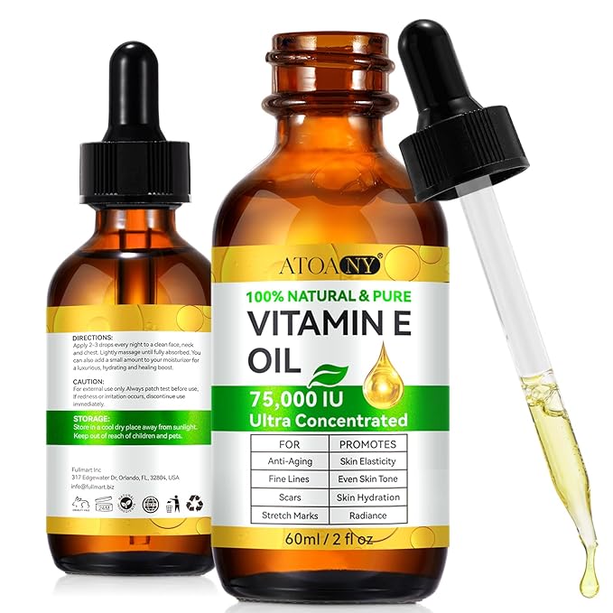 Vitamin E Oil 75,000 IU – 100% Pure Natural Vitamin E for Skin, Face, Hair, Scars – Deep Moisturizing Body Oil for Dry Skin, Wrinkles – Cold-Pressed, Non-GMO,Organic Skincare – 2 Fl Oz