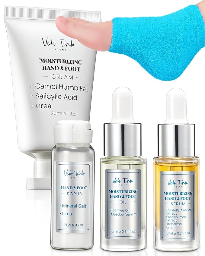 VTS Self Care Kit - Includes Moisturizing Heel Socks, Hand & Foot Oil, Salt Scrubs, Serum, Urea Cream 40 Percent - Hand Care Set, Foot Pedicure Kit for Dry Cracked Heels Feet Knees Elbows Hands