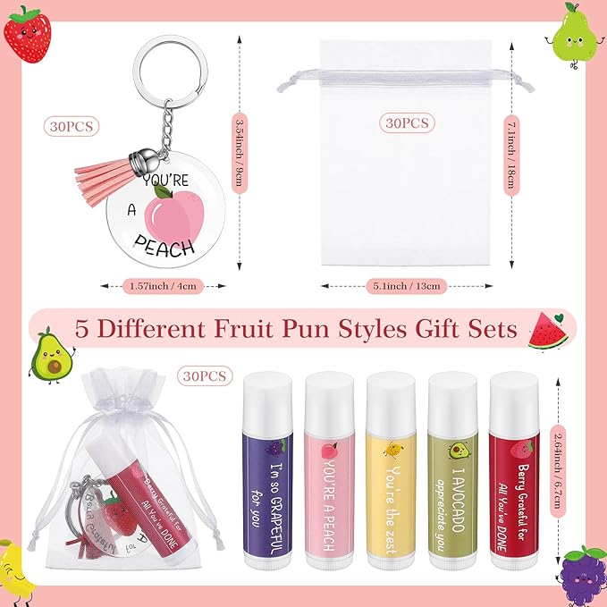 30 Sets Moisturizing Lip Balms Bulk Employee Appreciation Gifts with Fruit Pun Keychains and Organza Bags for Coworker Teacher Appreciation Mothers Day Gifts