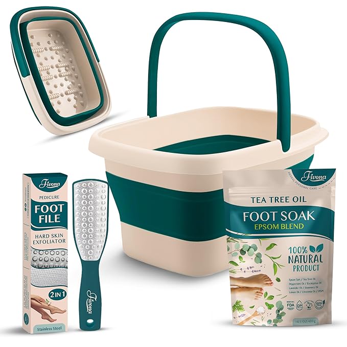 Fivona Foot Care Kit 3 in 1 - Foot Soak Blend with Epsom Salt, Tea Tree and Essential Oils - Collapsible Foot Soak Basin - Dual Action Foot File