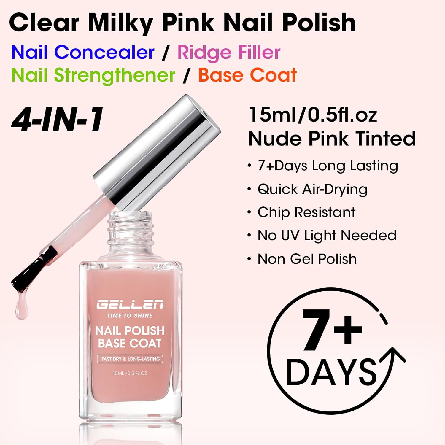 GELLEN 4‑in‑1 Clear Nail Polish Base Coat Sheer Tinted Natural Pink, Ridge Filler, Nail Strengthener & Concealer, Calcium Formula Strengthens Nails, Enhances Natural Look, No HEMA, Anti-yellowing